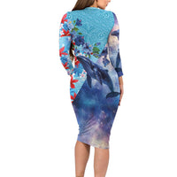 Hawaii Aloha Whales Family Matching Long Sleeve Bodycon Dress and Hawaiian Shirt Hibiscus and Whales with Polynesian Pattern - Polynesian Pride
