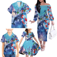 Hawaii Aloha Whales Family Matching Off The Shoulder Long Sleeve Dress and Hawaiian Shirt Hibiscus and Whales with Polynesian Pattern - Polynesian Pride