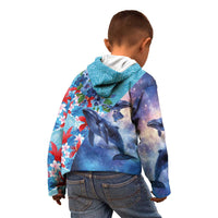 Hawaii Aloha Whales Kid Hoodie Hibiscus and Whales with Polynesian Pattern - Polynesian Pride