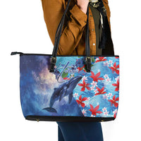 Hawaii Aloha Whales Leather Tote Bag Hibiscus and Whales with Polynesian Pattern - Polynesian Pride