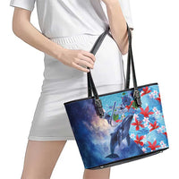 Hawaii Aloha Whales Leather Tote Bag Hibiscus and Whales with Polynesian Pattern - Polynesian Pride