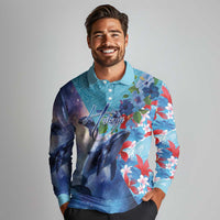 Hawaii Aloha Whales Long Sleeve Polo Shirt Hibiscus and Whales with Polynesian Pattern - Polynesian Pride