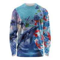 Hawaii Aloha Whales Long Sleeve Shirt Hibiscus and Whales with Polynesian Pattern - Polynesian Pride