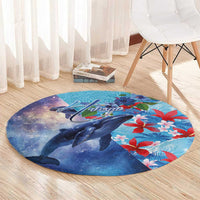 Hawaii Aloha Whales Round Carpet Hibiscus and Whales with Polynesian Pattern - Polynesian Pride