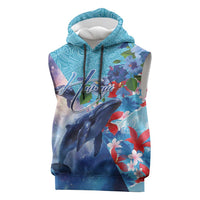 Hawaii Aloha Whales Sleeveless Hoodie Hibiscus and Whales with Polynesian Pattern - Polynesian Pride