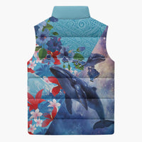 Hawaii Aloha Whales Sleeveless Puffer Jacket Hibiscus and Whales with Polynesian Pattern - Polynesian Pride