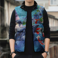Hawaii Aloha Whales Sleeveless Puffer Jacket Hibiscus and Whales with Polynesian Pattern - Polynesian Pride