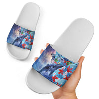 Hawaii Aloha Whales Slide Sandals Hibiscus and Whales with Polynesian Pattern - Polynesian Pride