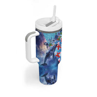Hawaii Aloha Whales Tumbler With Handle Hibiscus and Whales with Polynesian Pattern - Polynesian Pride