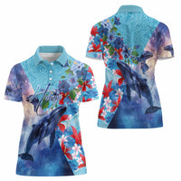 Hawaii Aloha Whales Women Polo Shirt Hibiscus and Whales with Polynesian Pattern - Polynesian Pride