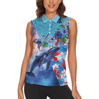 Hawaii Aloha Whales Women Sleeveless Polo Shirt Hibiscus and Whales with Polynesian Pattern - Polynesian Pride