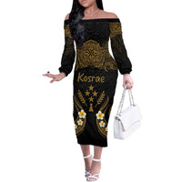 Personalised Kosrae Liberation Day Off The Shoulder Long Sleeve Dress Polynesian Tattoo and Plumeria Gold Color