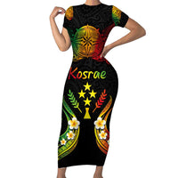 Personalised Kosrae Liberation Day Family Matching Short Sleeve Bodycon Dress and Hawaiian Shirt Polynesian Tattoo and Plumeria Reggae Color