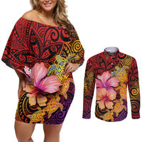 Hawaiian Hibiscus Turtle Tribal Polynesian Pattern Couples Matching Off Shoulder Short Dress and Long Sleeve Button Shirt Colorful Color