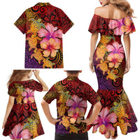 Hawaiian Hibiscus Turtle Tribal Polynesian Pattern Family Matching Mermaid Dress and Hawaiian Shirt Colorful Color