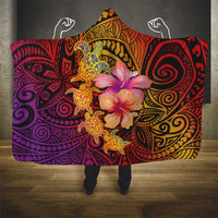 Hawaiian Hibiscus Turtle Tribal Polynesian Pattern Hooded Blanket Colorful Color