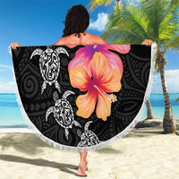 Hawaiian Hibiscus Turtle Tribal Polynesian Pattern Beach Blanket Black Color