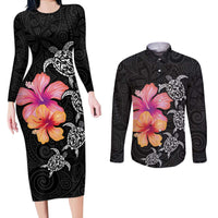 Hawaiian Hibiscus Turtle Tribal Polynesian Pattern Couples Matching Long Sleeve Bodycon Dress and Long Sleeve Button Shirt Black Color