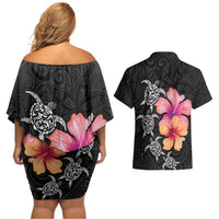 Hawaiian Hibiscus Turtle Tribal Polynesian Pattern Couples Matching Off Shoulder Short Dress and Hawaiian Shirt Black Color