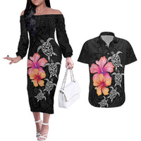 Hawaiian Hibiscus Turtle Tribal Polynesian Pattern Couples Matching Off The Shoulder Long Sleeve Dress and Hawaiian Shirt Black Color