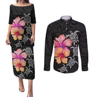 Hawaiian Hibiscus Turtle Tribal Polynesian Pattern Couples Matching Puletasi and Long Sleeve Button Shirt Black Color