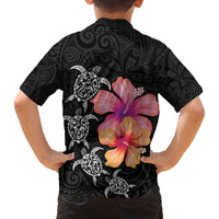 Hawaiian Hibiscus Turtle Tribal Polynesian Pattern Family Matching Off Shoulder Short Dress and Hawaiian Shirt Black Color