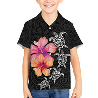 Hawaiian Hibiscus Turtle Tribal Polynesian Pattern Kid Hawaiian Shirt Black Color LT03 Kid Black - Polynesian Pride