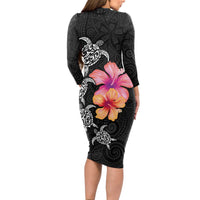Hawaiian Hibiscus Turtle Tribal Polynesian Pattern Long Sleeve Bodycon Dress Black Color