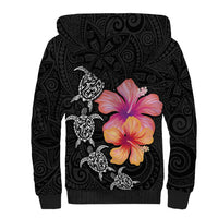 Hawaiian Hibiscus Turtle Tribal Polynesian Pattern Sherpa Hoodie Black Color
