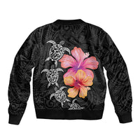 Hawaiian Hibiscus Turtle Tribal Polynesian Pattern Sleeve Zip Bomber Jacket Black Color