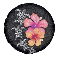 Hawaiian Hibiscus Turtle Tribal Polynesian Pattern Spare Tire Cover Black Color