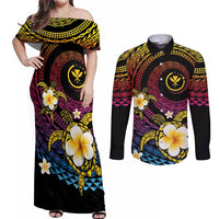 Hawaiian Plumeria Turtle Tribal Spiral Polynesian Tattoo Couples Matching Off Shoulder Maxi Dress and Long Sleeve Button Shirt Fanciful Color