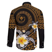 Hawaiian Plumeria Turtle Tribal Spiral Polynesian Tattoo Family Matching Off The Shoulder Long Sleeve Dress and Hawaiian Shirt Gold Color