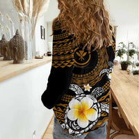 Hawaiian Plumeria Turtle Tribal Spiral Polynesian Tattoo Women Casual Shirt Gold Color