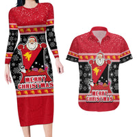 Papua New Guinea Christmas Couples Matching Long Sleeve Bodycon Dress and Hawaiian Shirt Santa With Flag Of PNG Polynesian Tribal Xmas Vibe LT03 Red - Polynesian Pride