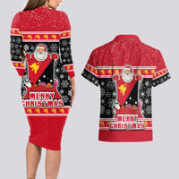 Papua New Guinea Christmas Couples Matching Long Sleeve Bodycon Dress and Hawaiian Shirt Santa With Flag Of PNG Polynesian Tribal Xmas Vibe LT03 - Polynesian Pride