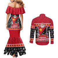 Papua New Guinea Christmas Couples Matching Mermaid Dress and Long Sleeve Button Shirts Santa With Flag Of PNG Polynesian Tribal Xmas Vibe LT03 - Polynesian Pride