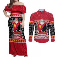 Papua New Guinea Christmas Couples Matching Off Shoulder Maxi Dress and Long Sleeve Button Shirts Santa With Flag Of PNG Polynesian Tribal Xmas Vibe LT03 Red - Polynesian Pride