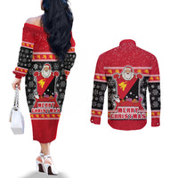 Papua New Guinea Christmas Couples Matching Off The Shoulder Long Sleeve Dress and Long Sleeve Button Shirts Santa With Flag Of PNG Polynesian Tribal Xmas Vibe LT03 - Polynesian Pride