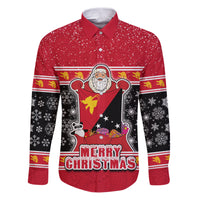 Papua New Guinea Christmas Family Matching Puletasi Dress and Hawaiian Shirt Santa With Flag Of PNG Polynesian Tribal Xmas Vibe LT03 Dad's Shirt - Long Sleeve Red - Polynesian Pride