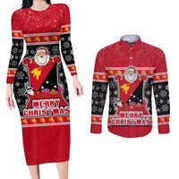 Custom Papua New Guinea Christmas Couples Matching Long Sleeve Bodycon Dress and Long Sleeve Button Shirts Santa With Flag Of PNG Polynesian Tribal Xmas Vibe LT03 Red - Polynesian Pride