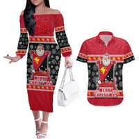 Custom Papua New Guinea Christmas Couples Matching Off The Shoulder Long Sleeve Dress and Hawaiian Shirt Santa With Flag Of PNG Polynesian Tribal Xmas Vibe LT03 Red - Polynesian Pride