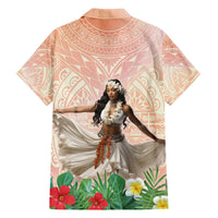 Woman Polynesian Tattoos Family Matching Off The Shoulder Long Sleeve Dress and Hawaiian Shirt Tropical Flower - Peach Fuzz Color