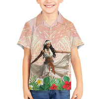 Woman Polynesian Tattoos Family Matching Tank Maxi Dress and Hawaiian Shirt Tropical Flower - Peach Fuzz Color