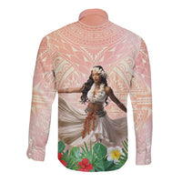 Woman Polynesian Tattoos Long Sleeve Button Shirt Tropical Flower - Peach Fuzz Color