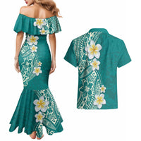 Plumeria Couples Matching Mermaid Dress and Hawaiian Shirt Polynesian Tribal Frangipani Teal
