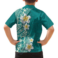 Plumeria Family Matching Long Sleeve Bodycon Dress and Hawaiian Shirt Polynesian Tribal Frangipani Teal