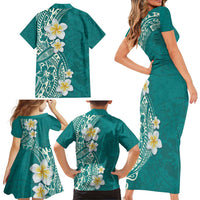 Plumeria Family Matching Short Sleeve Bodycon Dress and Hawaiian Shirt Polynesian Tribal Frangipani Teal