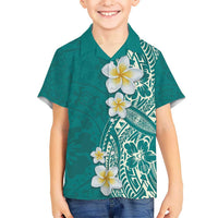 Plumeria Kid Hawaiian Shirt Polynesian Tribal Frangipani Teal
