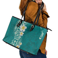 Plumeria Leather Tote Bag Polynesian Tribal Frangipani Teal